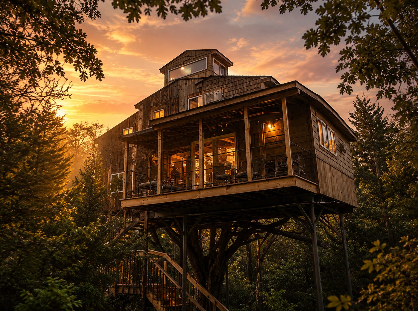 Upward Treehouse rising above the trees at sunset