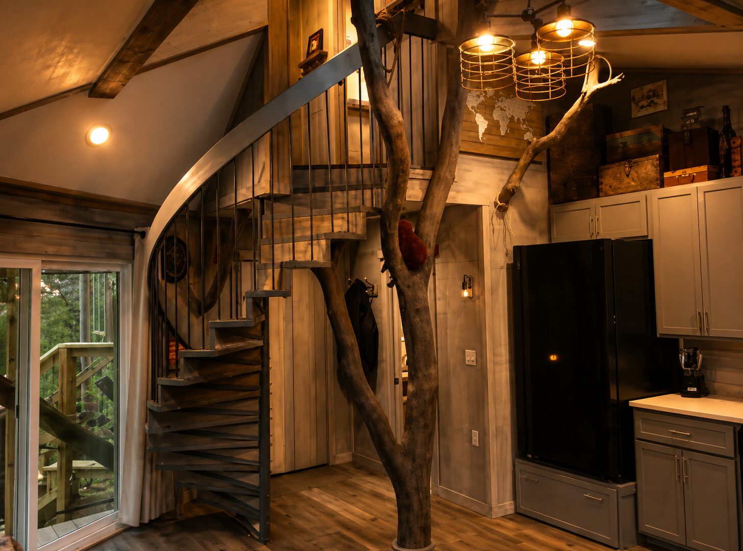 Spiral staircase wrapped around a tree trunk