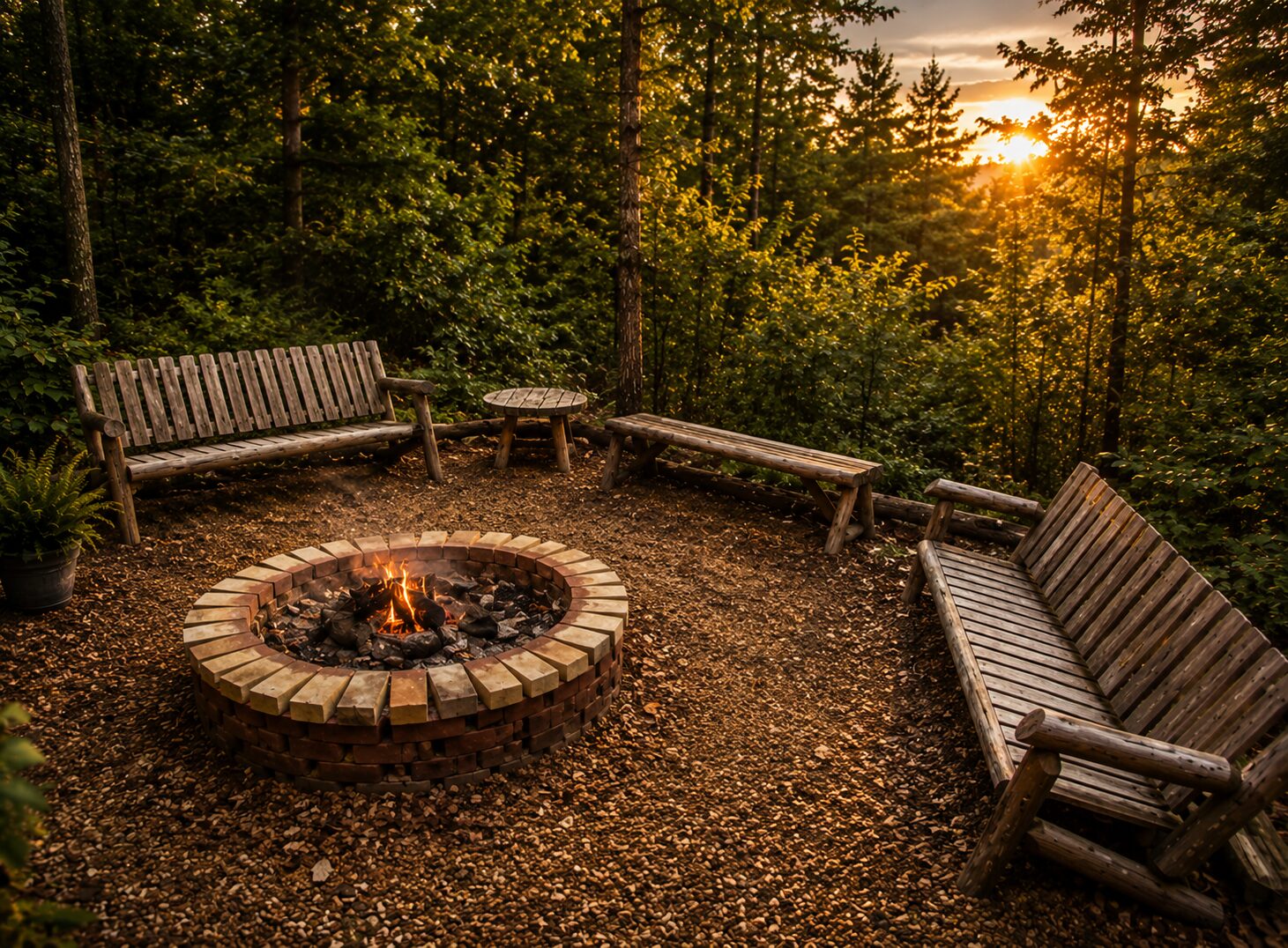 Fire pit surrounded by benches at sunset