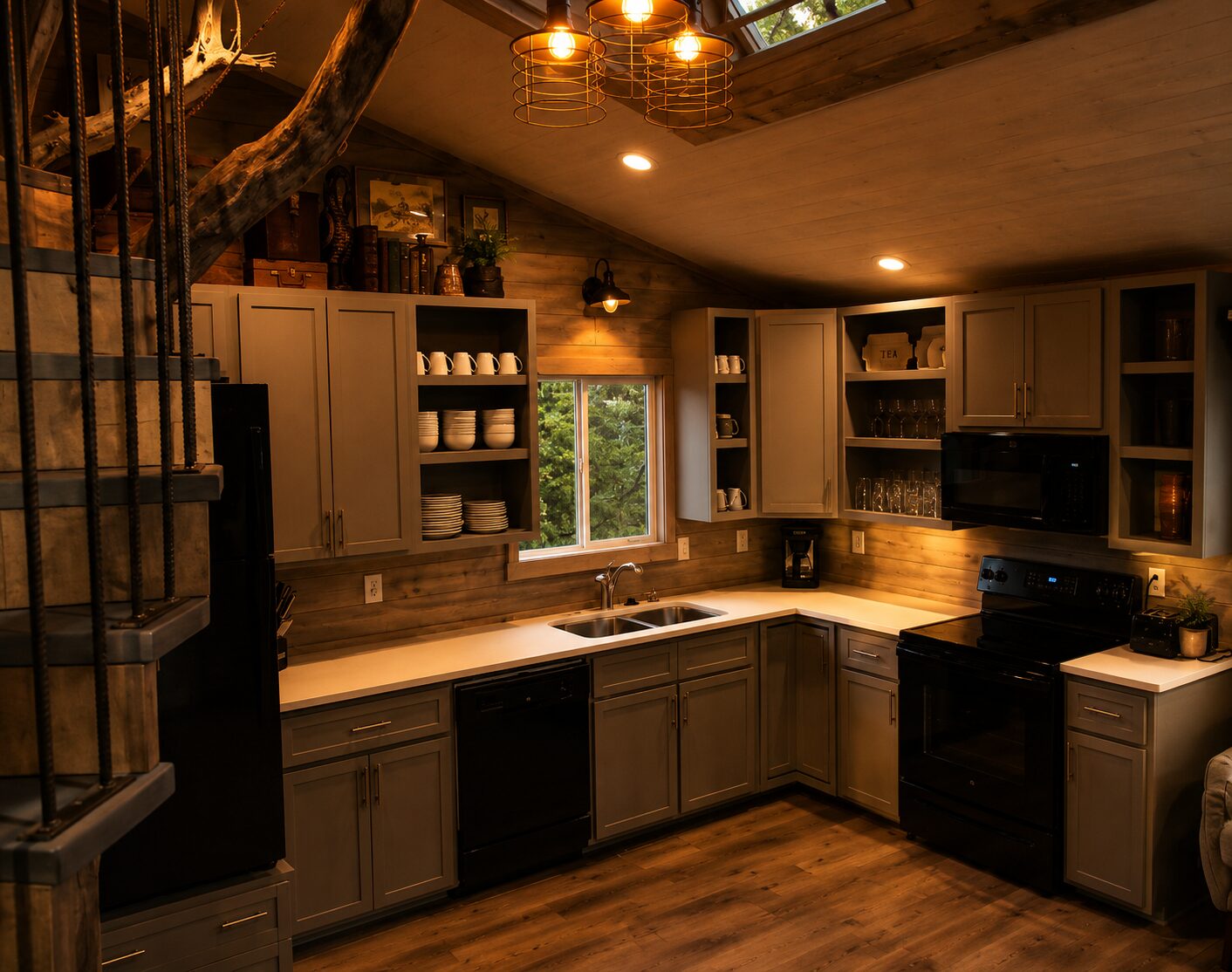 Full kitchen with spiral staircase